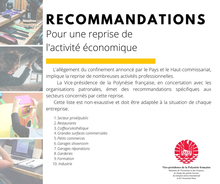 Communiqué de presse de la Présidence :  Recommandations pour la reprise de l'activité économique